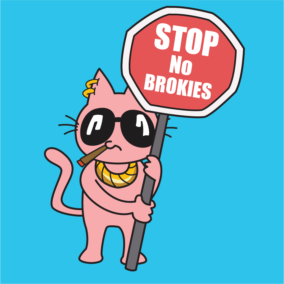 YoCat holding No Brokies sign